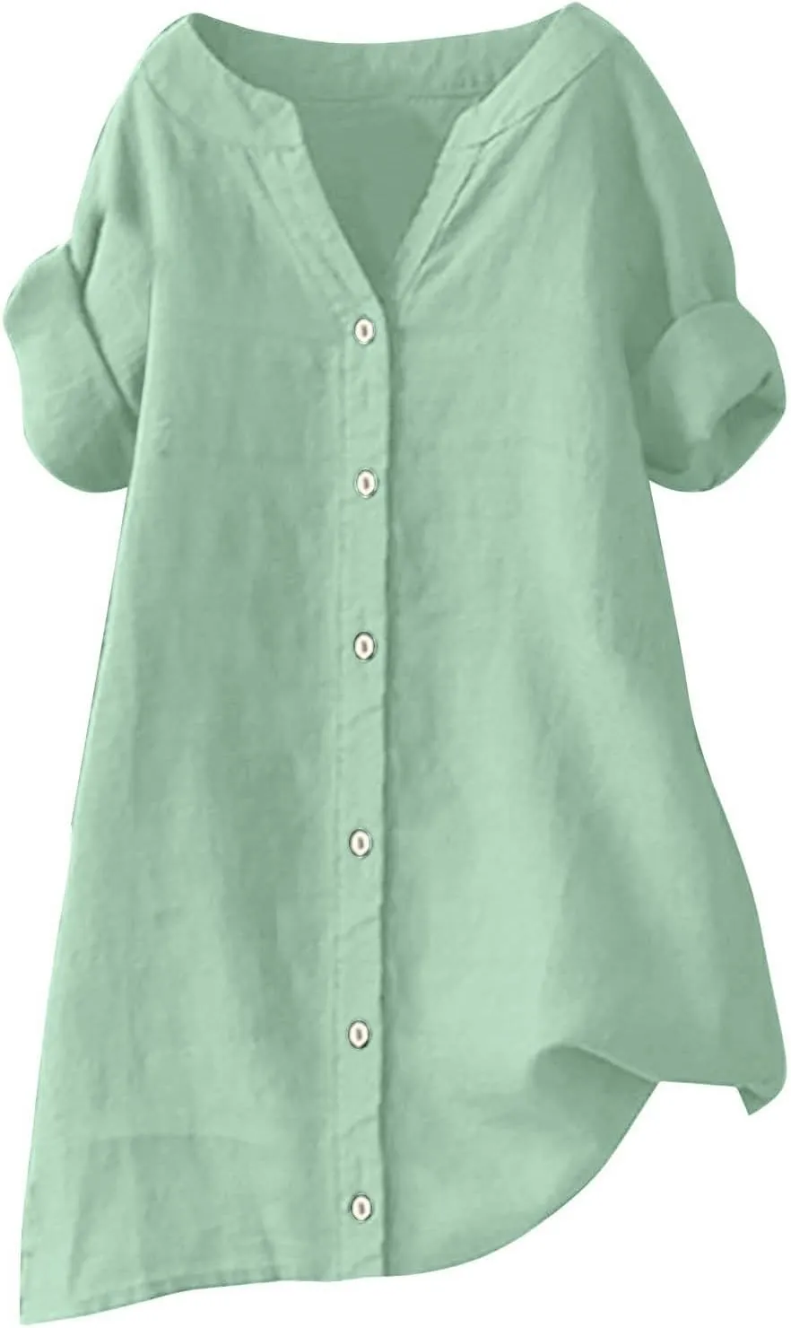 Women's Short Sleeve Linen Shirts Casual Round Neck Comfy T Shirt Button Down Collar Loose Summer Tee Shirts