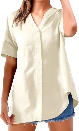 Women's Short Sleeve Linen Shirts Casual Round Neck Comfy T Shirt Button Down Collar Loose Summer Tee Shirts