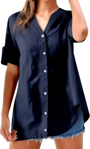 Women's Short Sleeve Linen Shirts Casual Round Neck Comfy T Shirt Button Down Collar Loose Summer Tee Shirts
