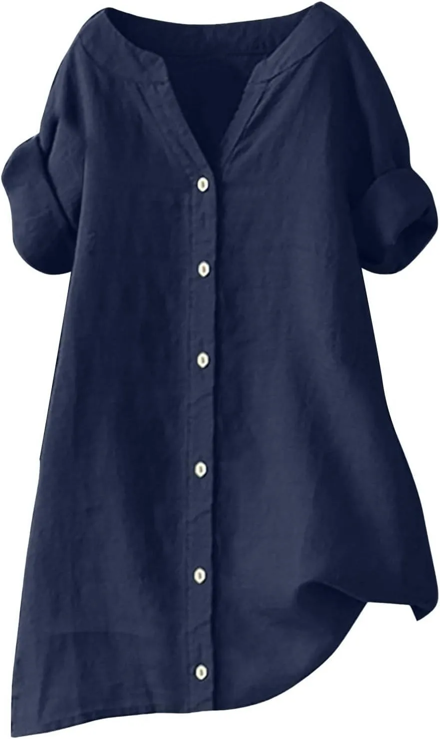 Women's Short Sleeve Linen Shirts Casual Round Neck Comfy T Shirt Button Down Collar Loose Summer Tee Shirts