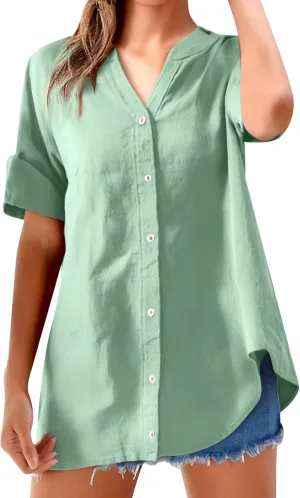 Women's Short Sleeve Linen Shirts Casual Round Neck Comfy T Shirt Button Down Collar Loose Summer Tee Shirts