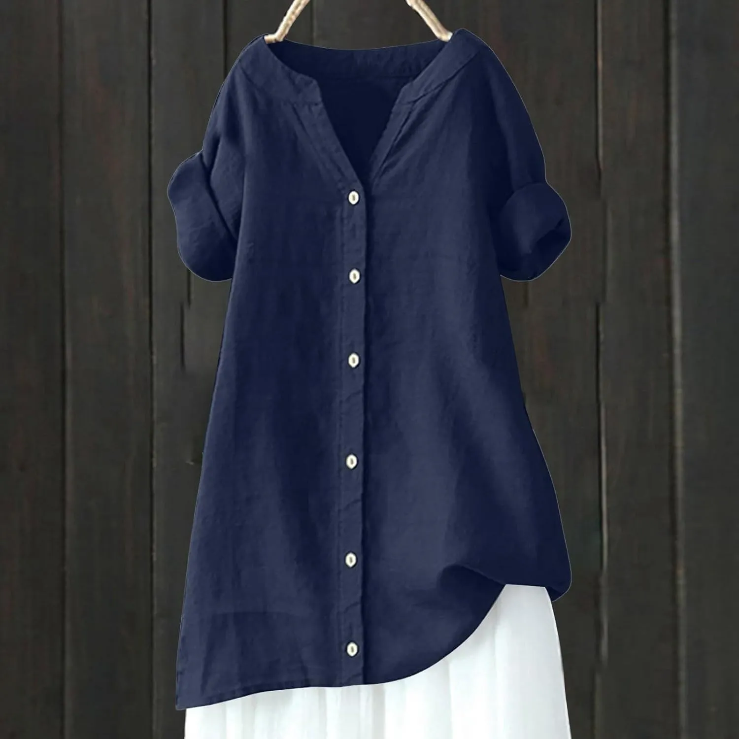 Women's Short Sleeve Linen Shirts Casual Round Neck Comfy T Shirt Button Down Collar Loose Summer Tee Shirts