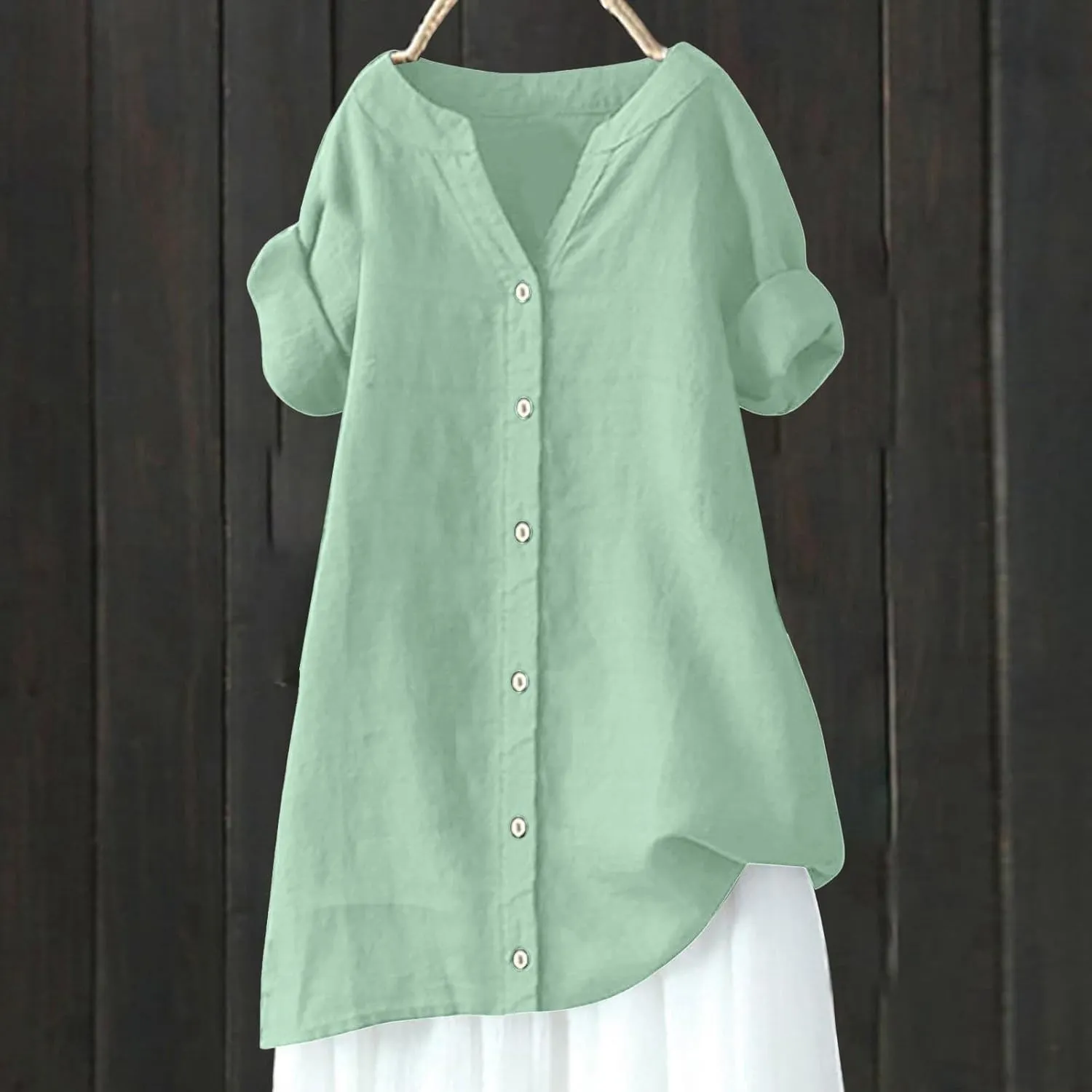 Women's Short Sleeve Linen Shirts Casual Round Neck Comfy T Shirt Button Down Collar Loose Summer Tee Shirts