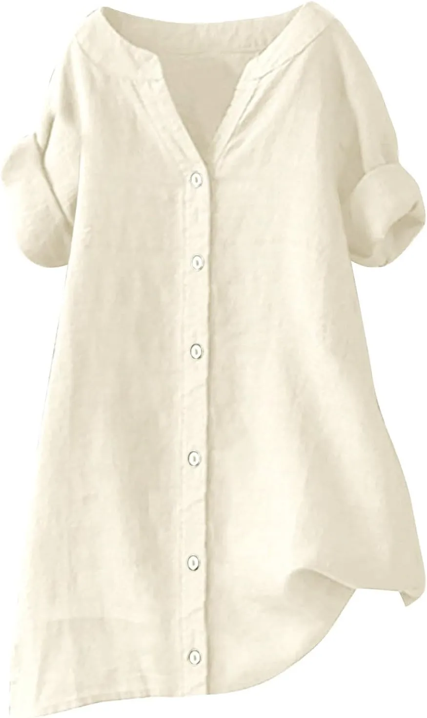 Women's Short Sleeve Linen Shirts Casual Round Neck Comfy T Shirt Button Down Collar Loose Summer Tee Shirts