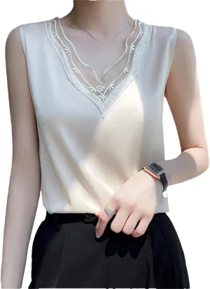 Women's Silk Sling Vest Loose Summer Bottoming Satin Camisole Lace V-Neck Sleeveless Top