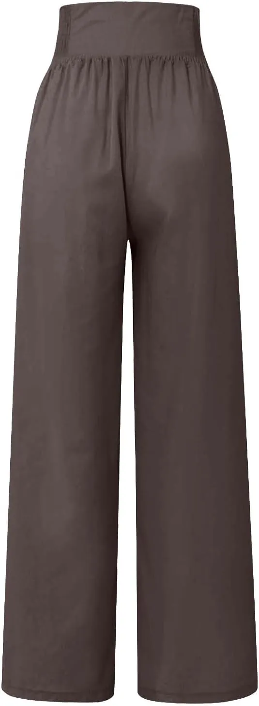 Women's Summer High Waisted Cotton and Linen Palazzo Pants Wide Leg Long Lounge Yoga Pant Trouser with Pocket