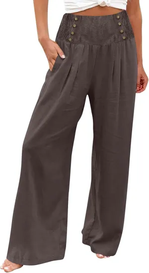 Women's Summer High Waisted Cotton and Linen Palazzo Pants Wide Leg Long Lounge Yoga Pant Trouser with Pocket