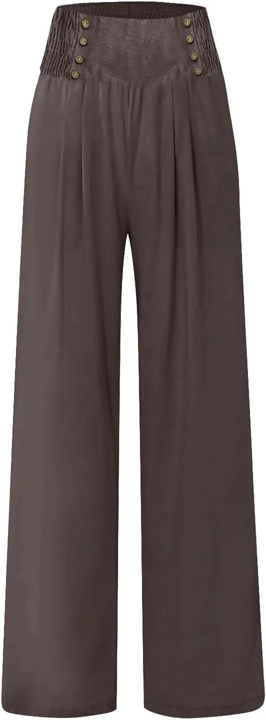 Women's Summer High Waisted Cotton and Linen Palazzo Pants Wide Leg Long Lounge Yoga Pant Trouser with Pocket