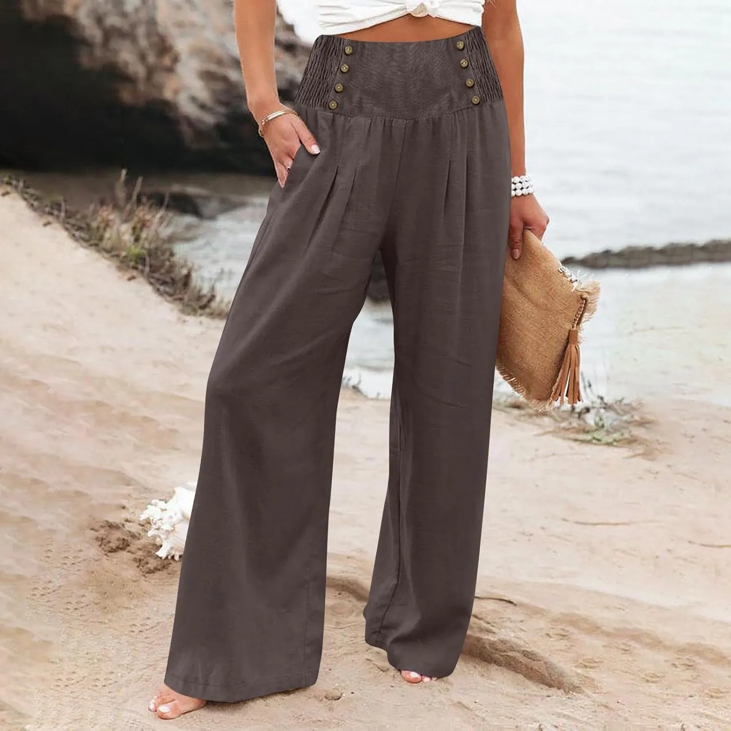 Women's Summer High Waisted Cotton and Linen Palazzo Pants Wide Leg Long Lounge Yoga Pant Trouser with Pocket