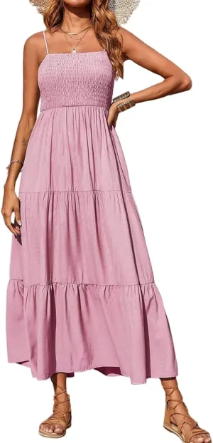 Women's Summer Maxi Dress Square Neck Spaghetti Straps Smocked Casual Beach Sundresses Flowy Tiered Long Dress
