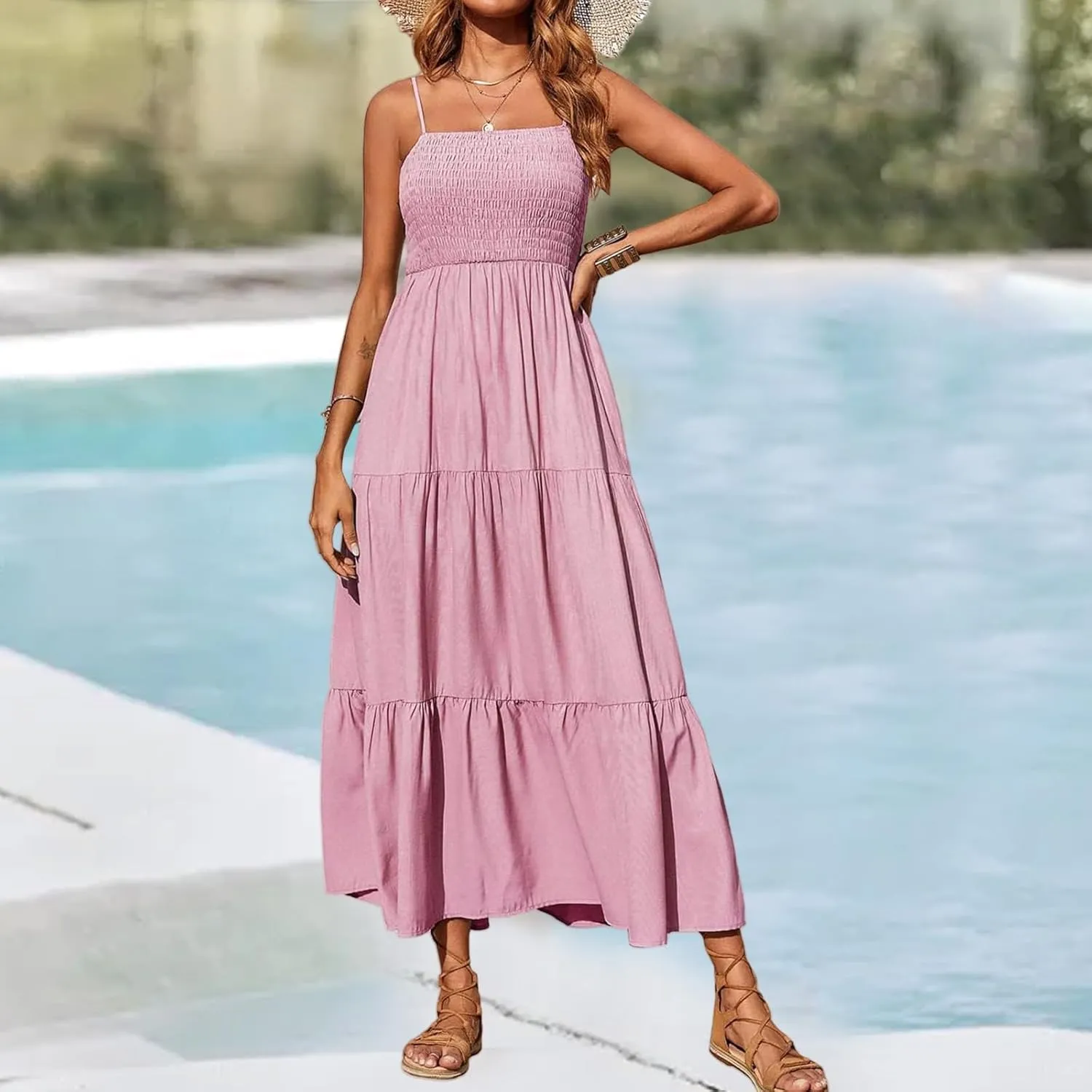 Women's Summer Maxi Dress Square Neck Spaghetti Straps Smocked Casual Beach Sundresses Flowy Tiered Long Dress