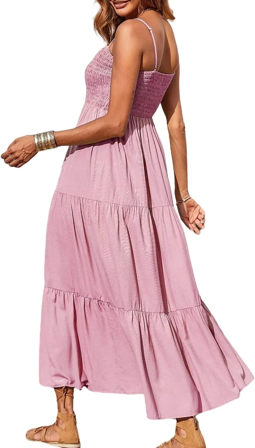 Women's Summer Maxi Dress Square Neck Spaghetti Straps Smocked Casual Beach Sundresses Flowy Tiered Long Dress