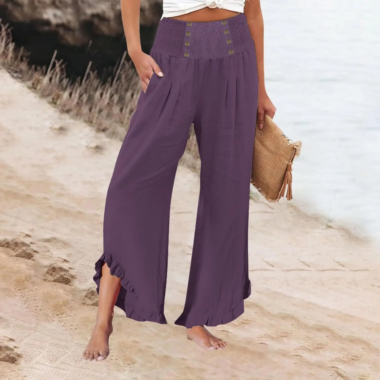 Women's Summer Wide Leg Linen Pants Smocked Waist Ruffle Hem Palazzo Pants Boho Flowy Beach Pants with Pockets