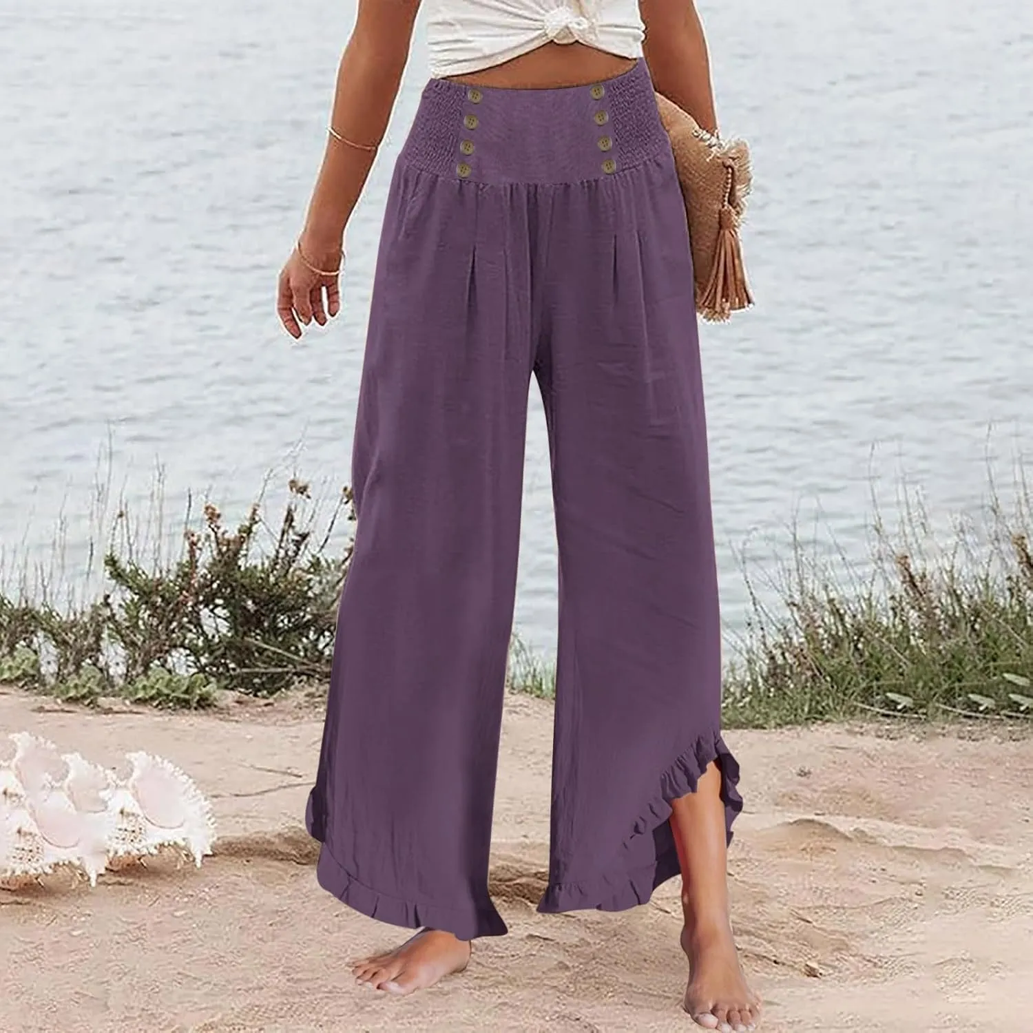 Women's Summer Wide Leg Linen Pants Smocked Waist Ruffle Hem Palazzo Pants Boho Flowy Beach Pants with Pockets