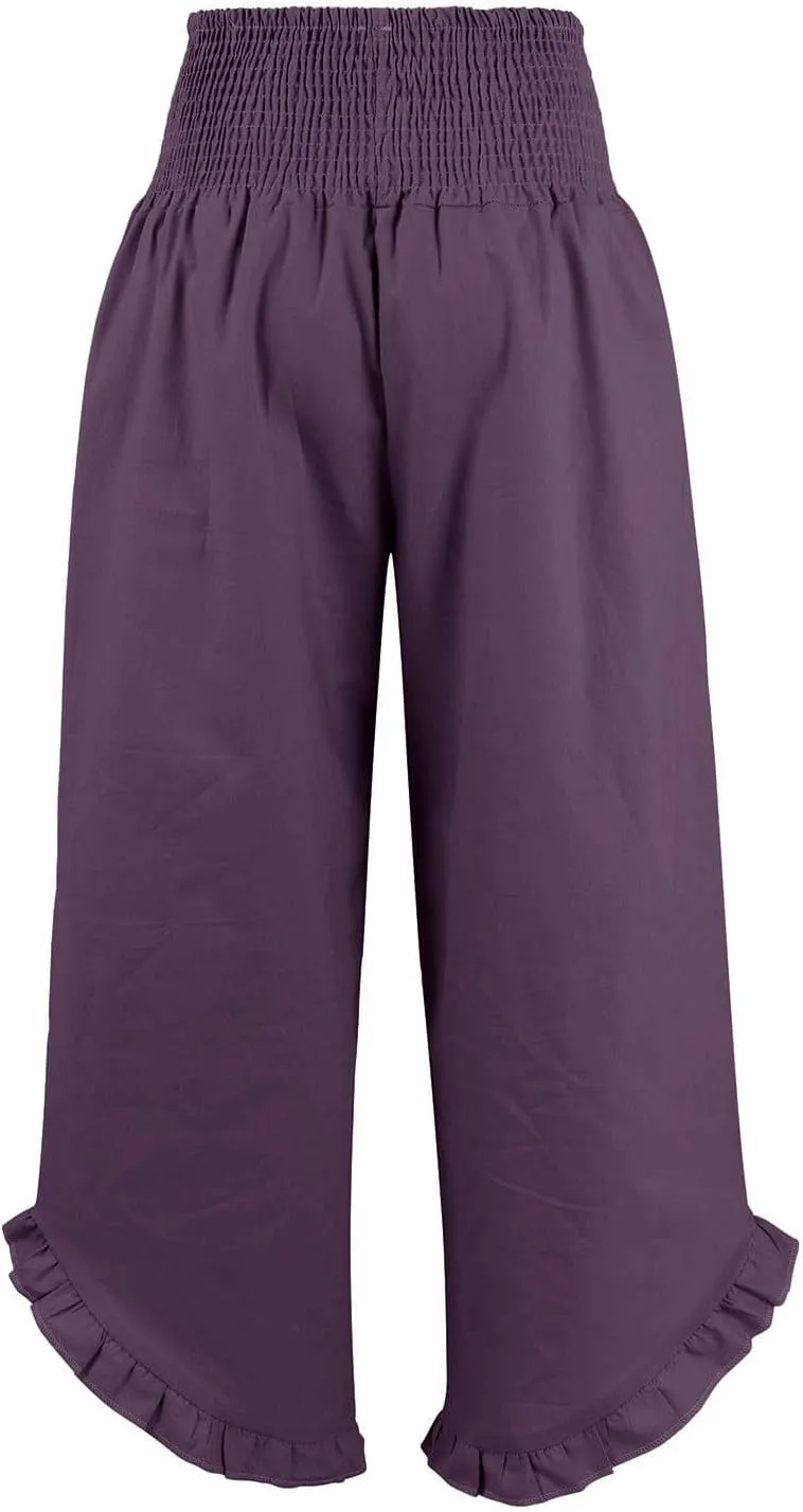 Women's Summer Wide Leg Linen Pants Smocked Waist Ruffle Hem Palazzo Pants Boho Flowy Beach Pants with Pockets