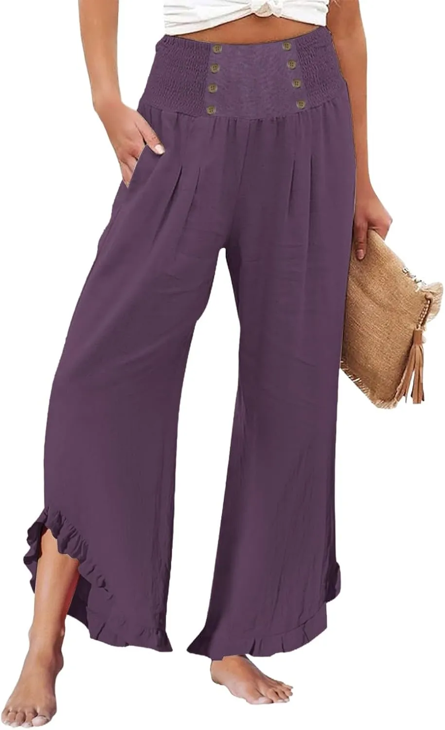 Women's Summer Wide Leg Linen Pants Smocked Waist Ruffle Hem Palazzo Pants Boho Flowy Beach Pants with Pockets