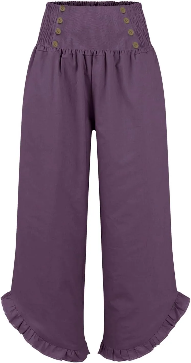 Women's Summer Wide Leg Linen Pants Smocked Waist Ruffle Hem Palazzo Pants Boho Flowy Beach Pants with Pockets