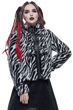 Women's Zebra-stripe Jacket with Stand Collar & Buckles / Faux Fur Zipper Warm Jackets