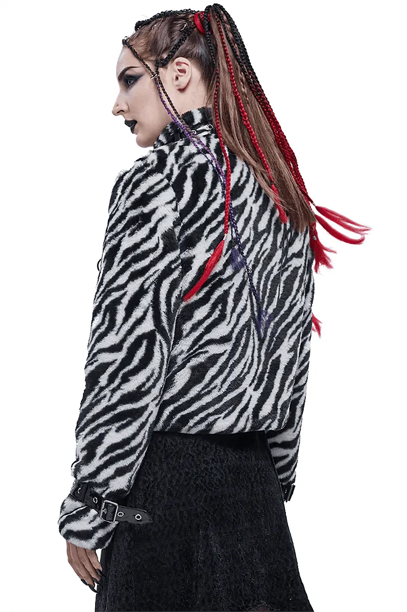 Women's Zebra-stripe Jacket with Stand Collar & Buckles / Faux Fur Zipper Warm Jackets