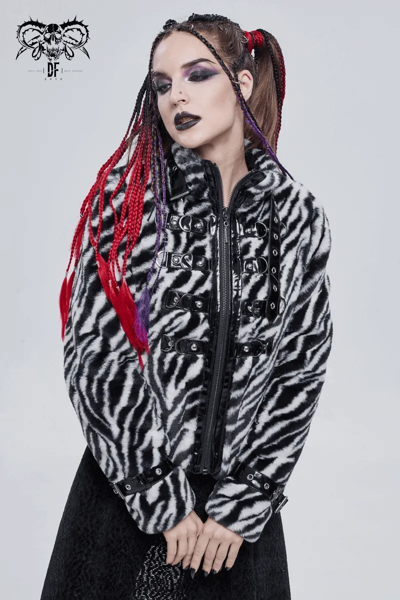Women's Zebra-stripe Jacket with Stand Collar & Buckles / Faux Fur Zipper Warm Jackets