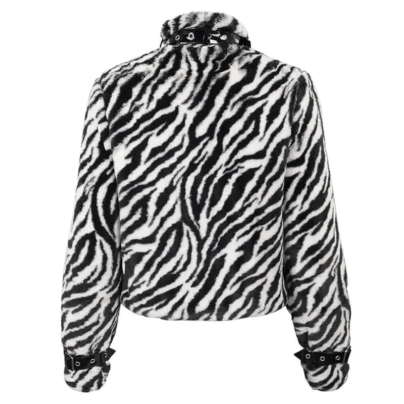 Women's Zebra-stripe Jacket with Stand Collar & Buckles / Faux Fur Zipper Warm Jackets