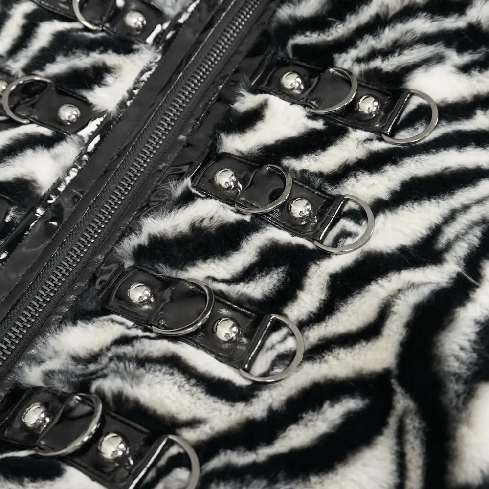 Women's Zebra-stripe Jacket with Stand Collar & Buckles / Faux Fur Zipper Warm Jackets