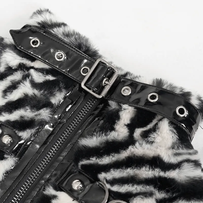 Women's Zebra-stripe Jacket with Stand Collar & Buckles / Faux Fur Zipper Warm Jackets