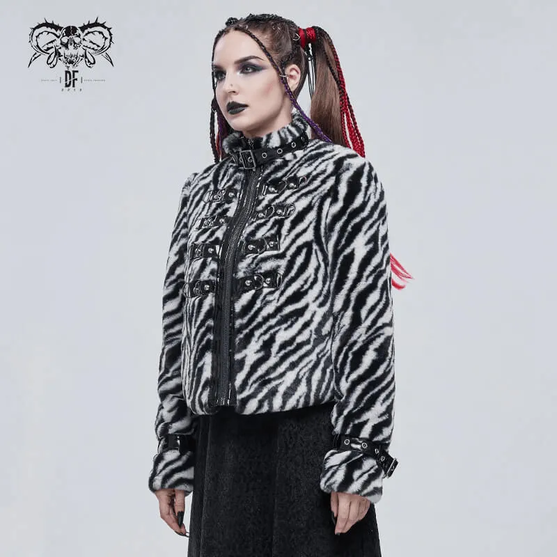 Women's Zebra-stripe Jacket with Stand Collar & Buckles / Faux Fur Zipper Warm Jackets