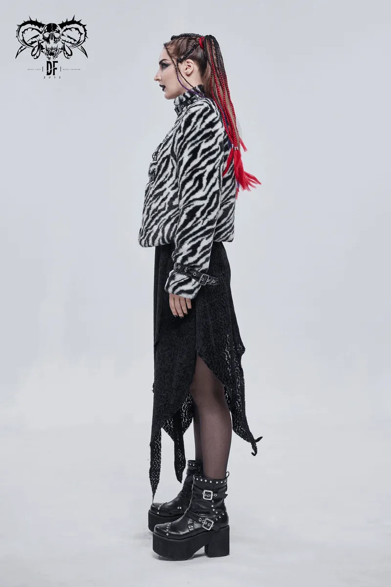 Women's Zebra-stripe Jacket with Stand Collar & Buckles / Faux Fur Zipper Warm Jackets