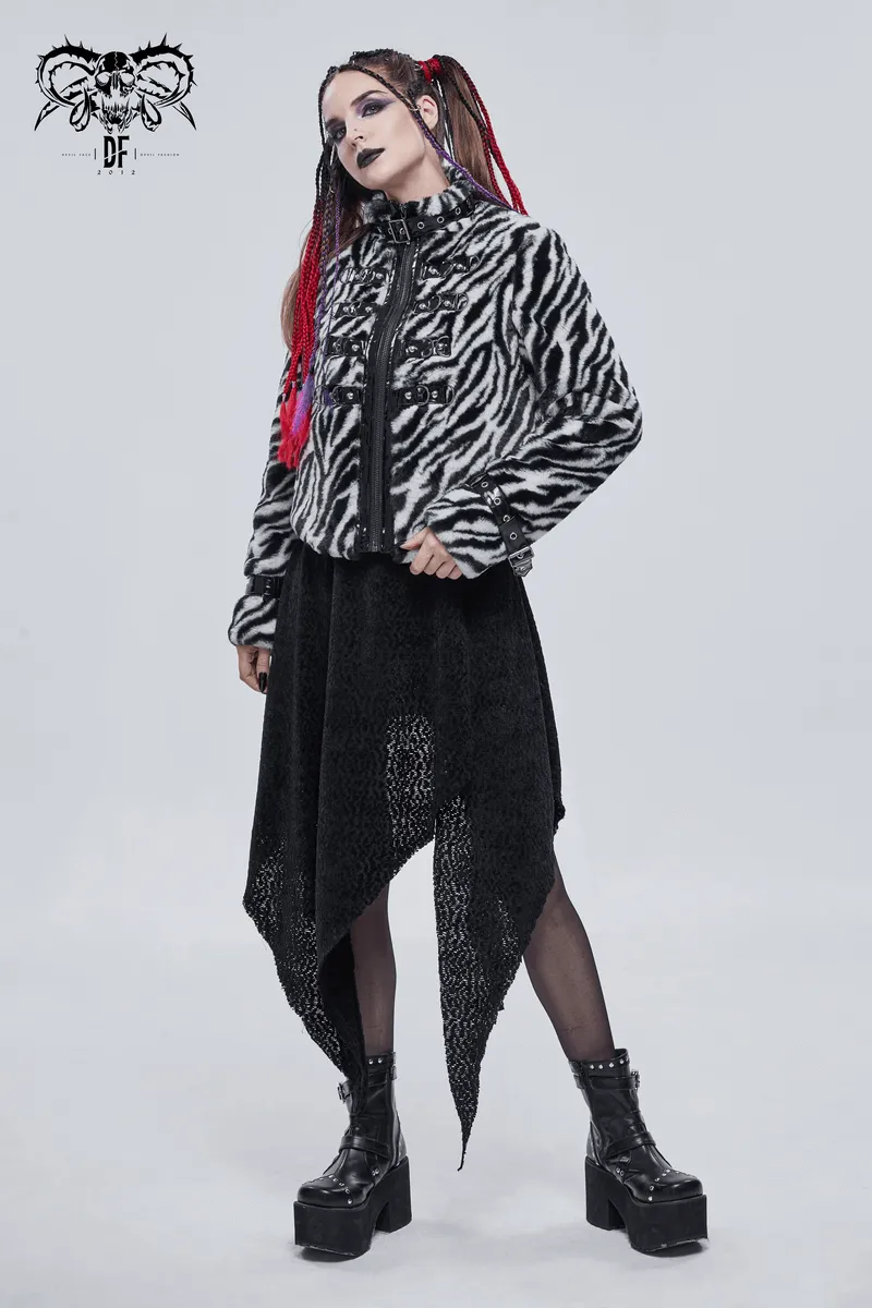 Women's Zebra-stripe Jacket with Stand Collar & Buckles / Faux Fur Zipper Warm Jackets