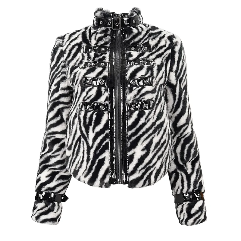 Women's Zebra-stripe Jacket with Stand Collar & Buckles / Faux Fur Zipper Warm Jackets