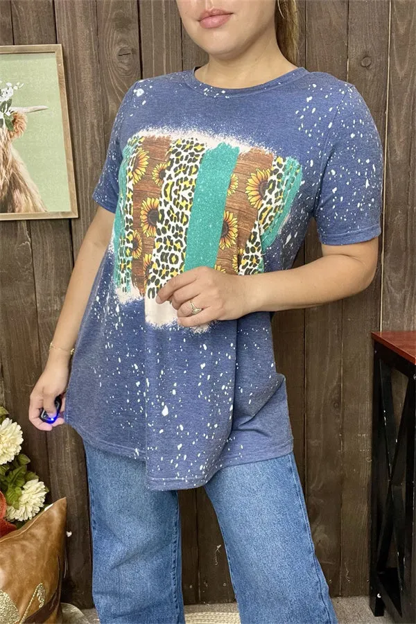 XCH12489 Sunflower&leopard multi color printed the denim Blue fabric short sleeve women tops(DS2)