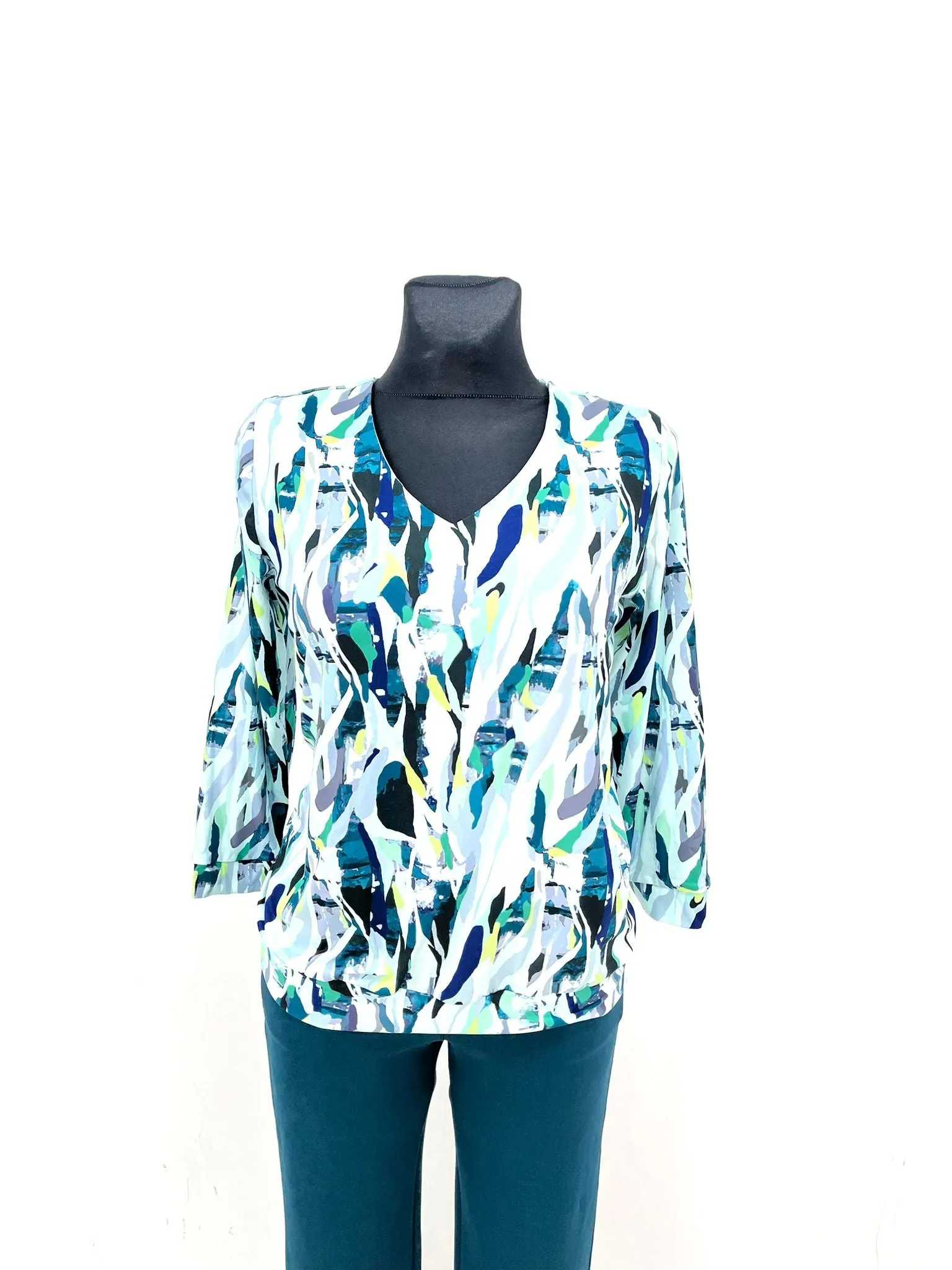 Yew V Neck top with waistband in Teal Print. Yew 7