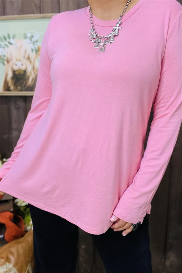 YMY15528 Pink solid color Soft fabric long sleeve women tops