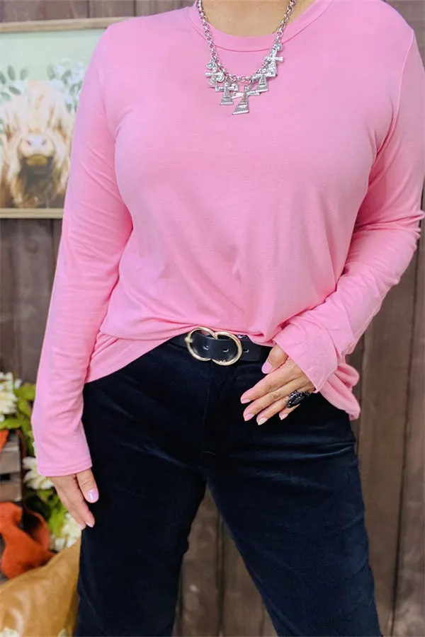 YMY15528 Pink solid color Soft fabric long sleeve women tops